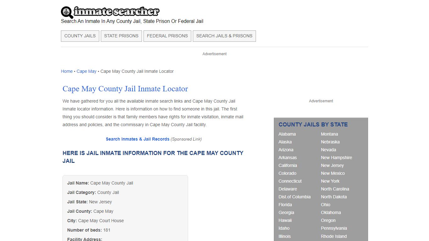 Cape May County Jail Inmate Locator - Inmate Searcher