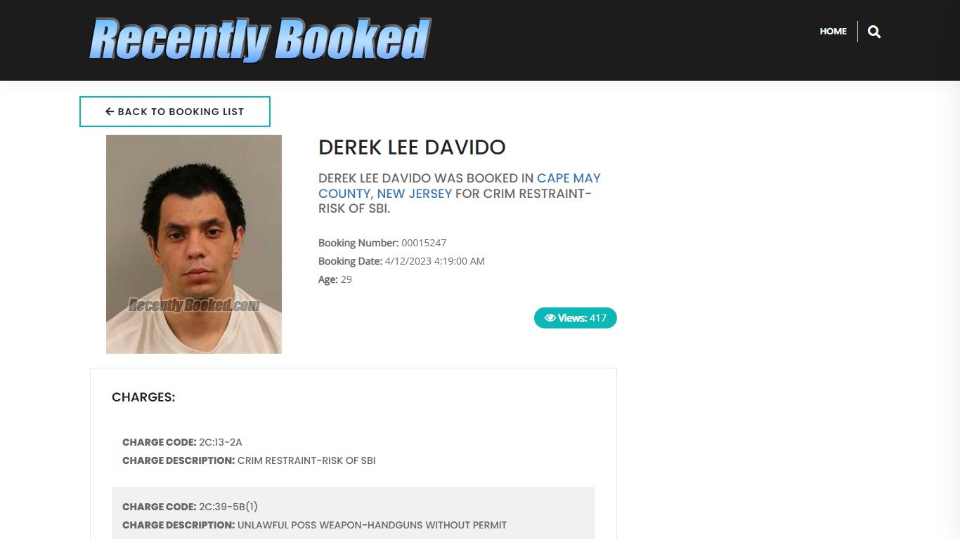 Recent Booking / Mugshot for DEREK LEE DAVIDO in Cape May County, New ...